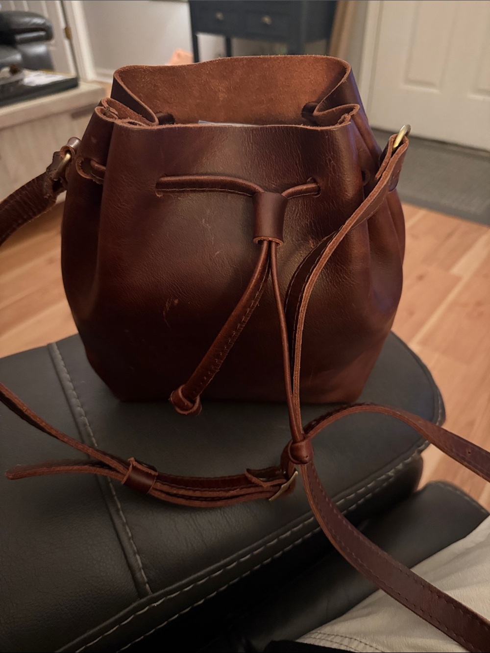 Classic Burgundy Leather Drawstring Bucket Bag